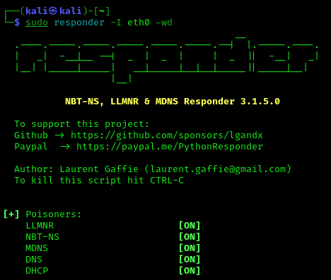 Responder cybersecurity tool being run on kali linux